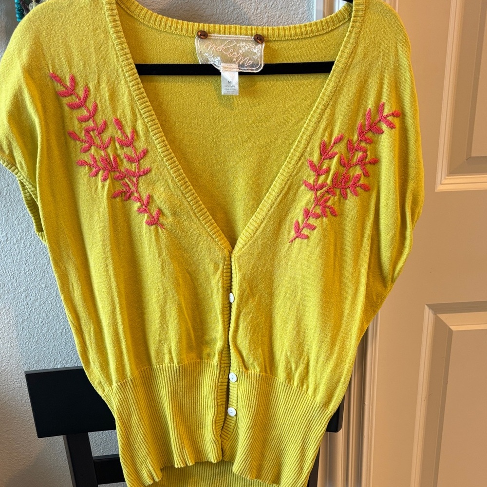 Pink Clover Mustard Cardigan with Pink Embroidery